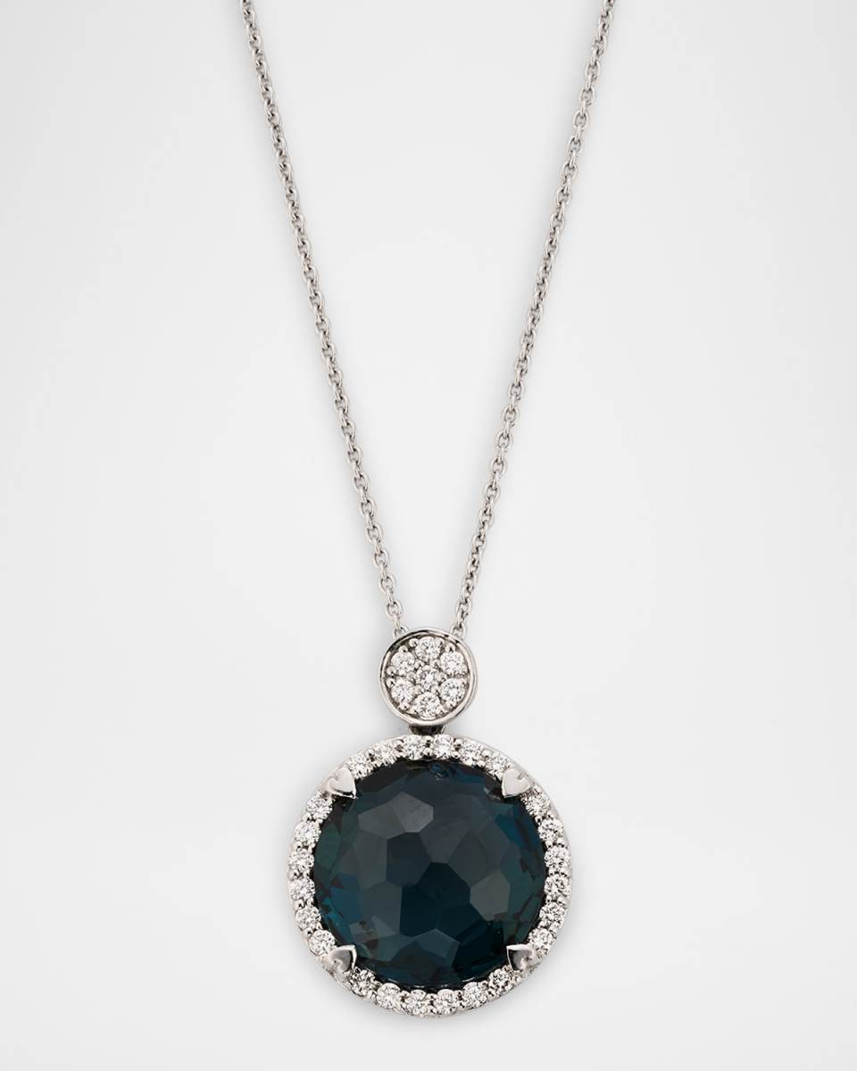 Rocks 18K White Gold Petite London Blue Topaz Diamond Halo and Disc Bail Pendant Necklace